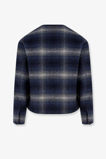 Tonywack men’s italian fabric blazer in navy blue and gray plaid wool with a soft textured weave