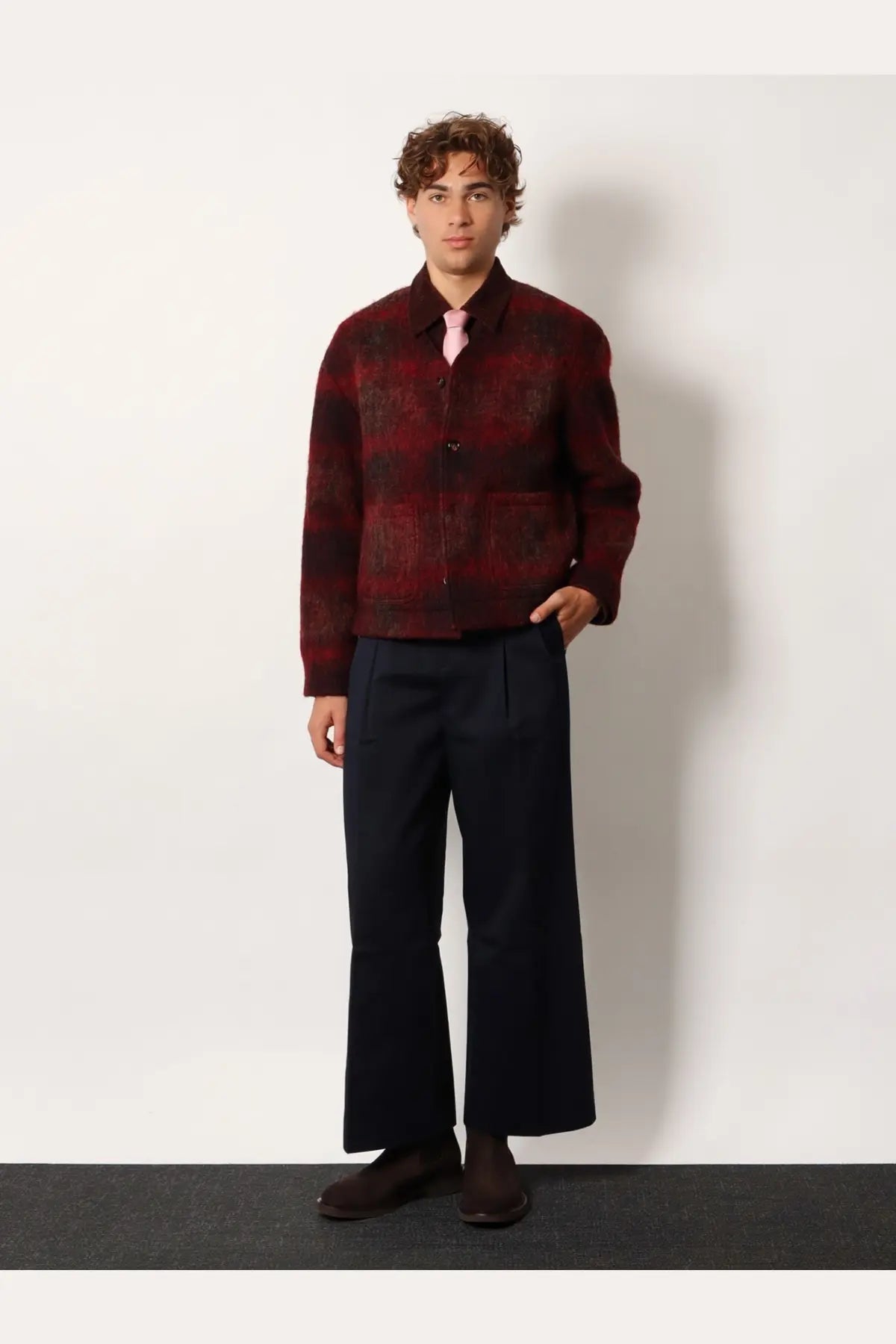 Tonywack men’s Italian fabric blazer in rich burgundy and black plaid woolen with classic collar button closure and pockets