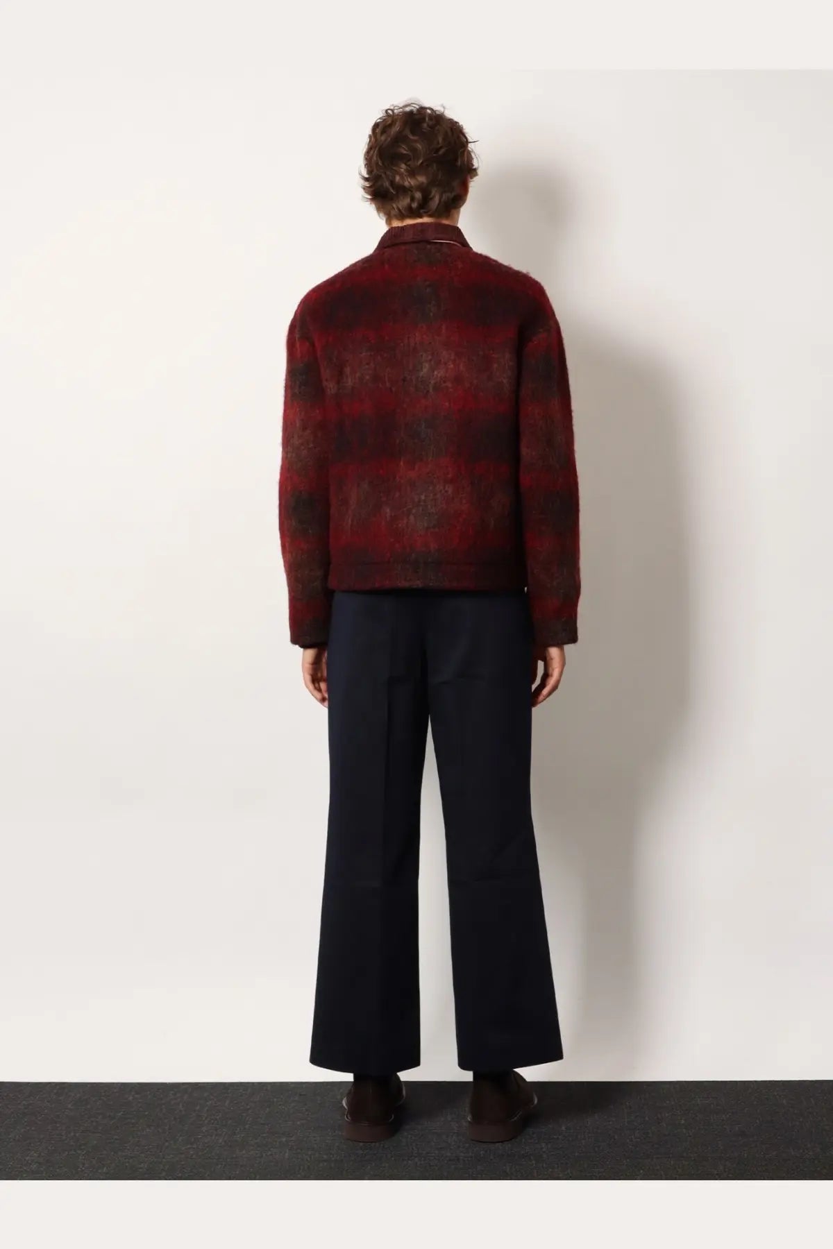 Tonywack men’s Italian fabric blazer in rich burgundy and dark brown plaid wool with a textured fuzzy finish