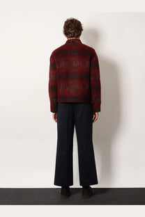 Tonywack men’s Italian fabric blazer in rich burgundy and dark brown plaid wool with a textured fuzzy finish