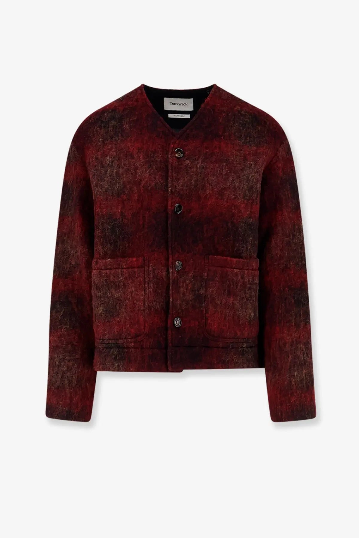 Tonywack men’s italian fabric blazer red shown as a rich burgundy and dark brown textured knit cardigan with button closure