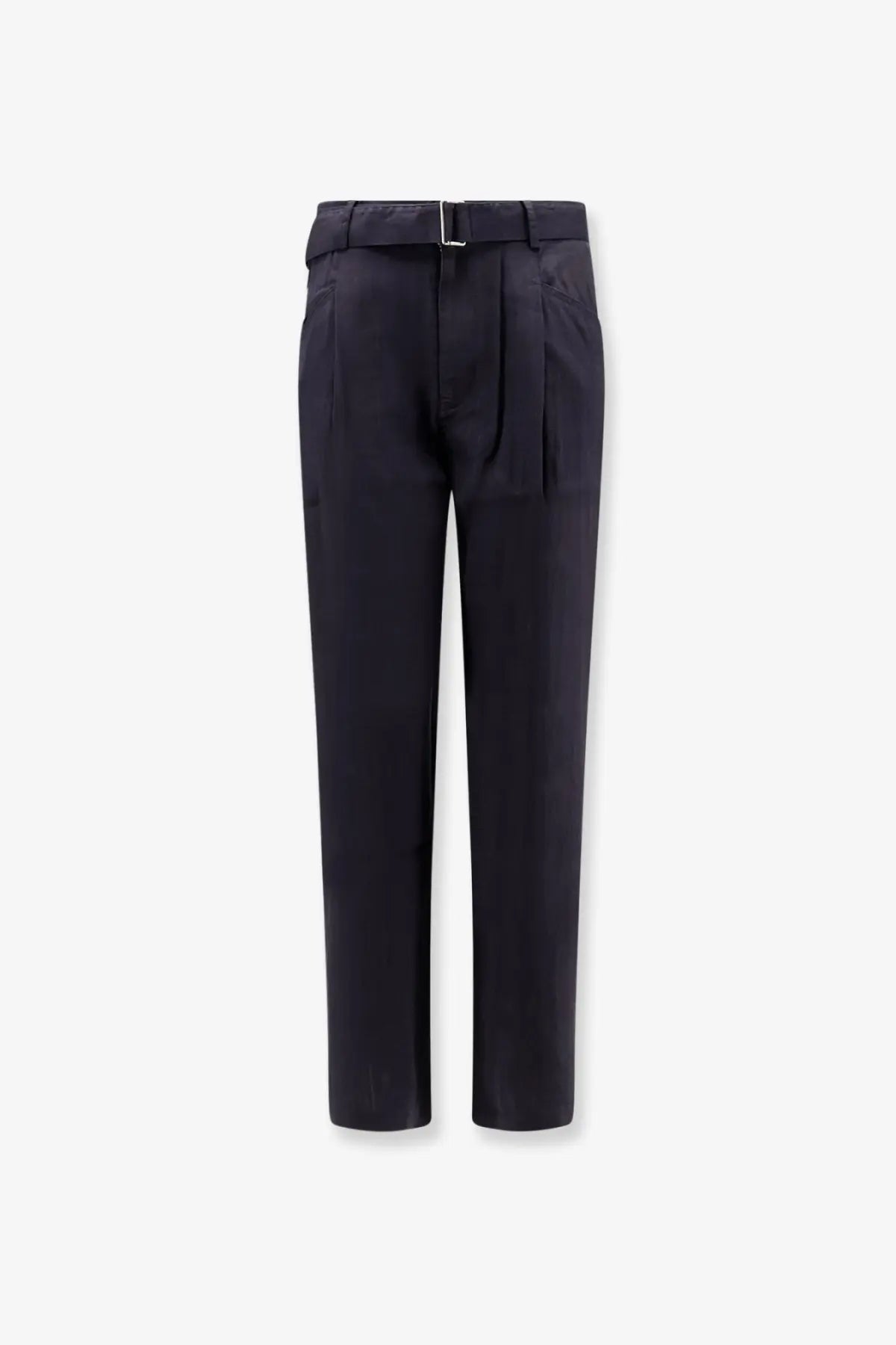 Black tailored trousers with a sleek straight-leg cut and matching belt with silver buckle from Tonywack Mens linen blend collection