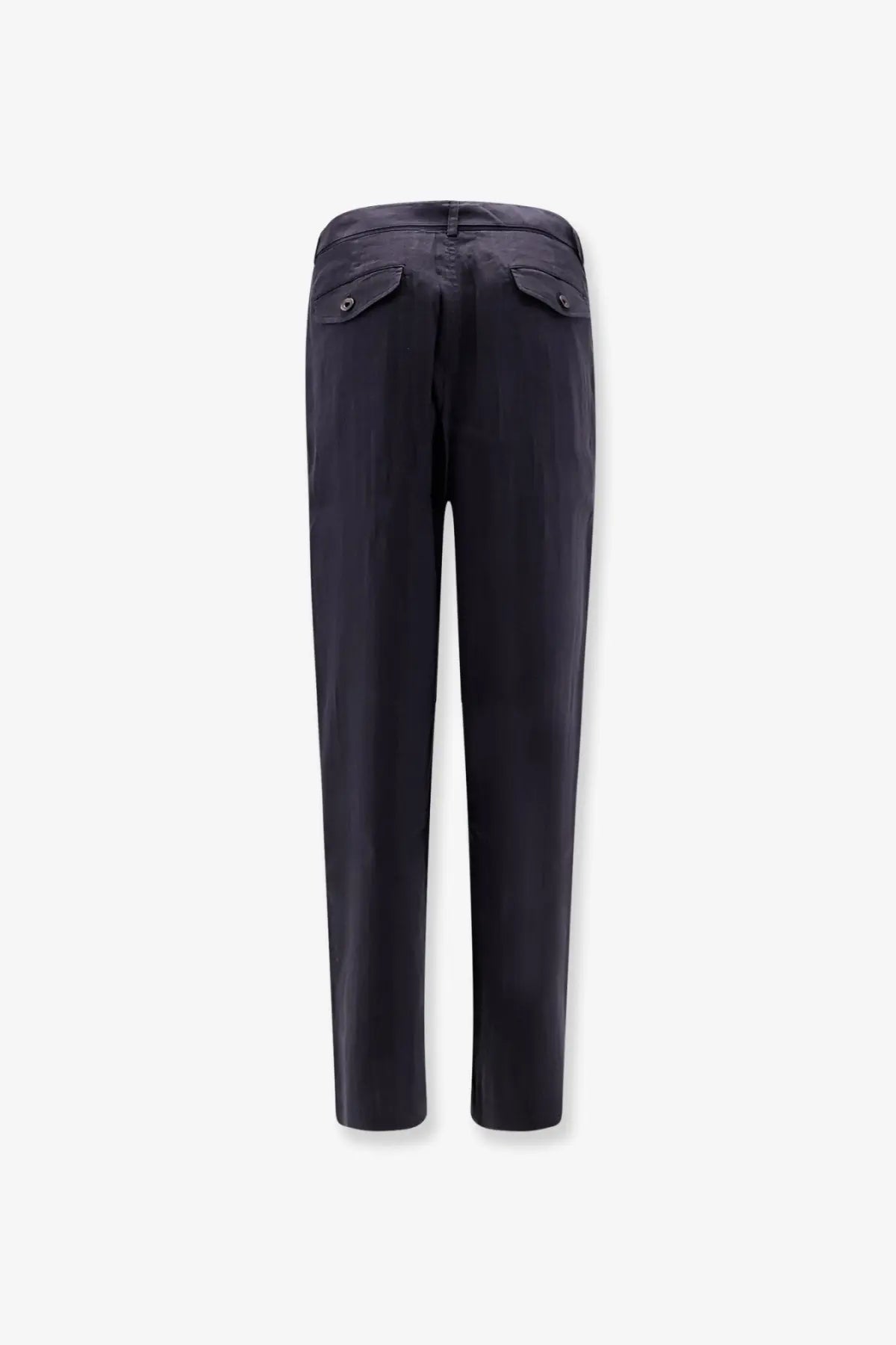 Dark navy tailored fit tonywack men’s linen blend chino trousers with two rear patch pockets back side view
