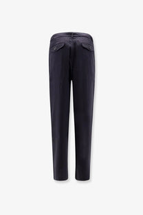 Dark navy tailored fit tonywack men’s linen blend chino trousers with two rear patch pockets back side view