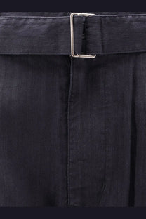 Tonywack men’s dark blue linen blend trousers with silver toned metal buckle for stylish comfortable wear