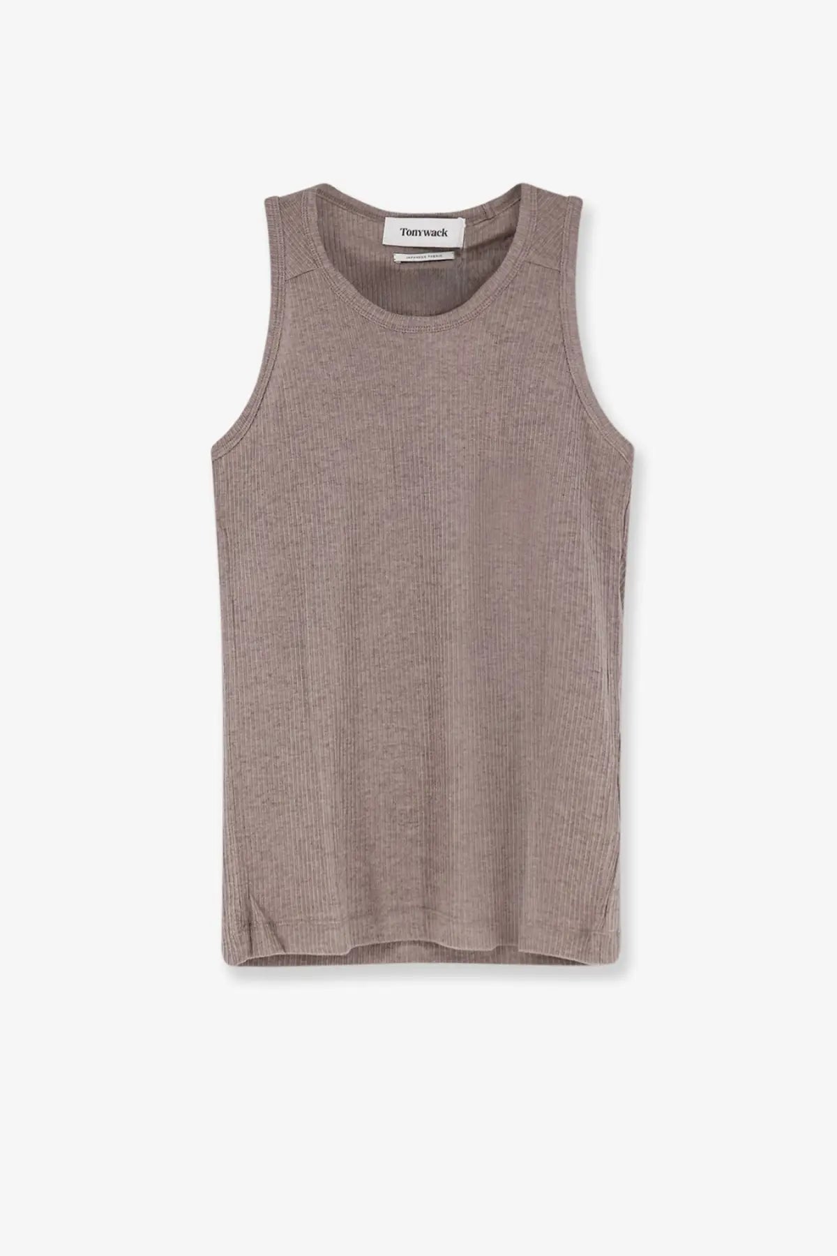 Tonywack men’s lyocell blend tank top beige taupe ribbed knit sleeveless with round neckline and seam detailing