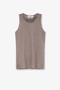 Tonywack men’s lyocell blend tank top beige taupe ribbed knit sleeveless with round neckline and seam detailing