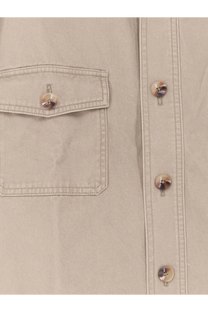 Beige cotton oversized button-up shirt by tonywack with silver-toned buttons and a flap pocket