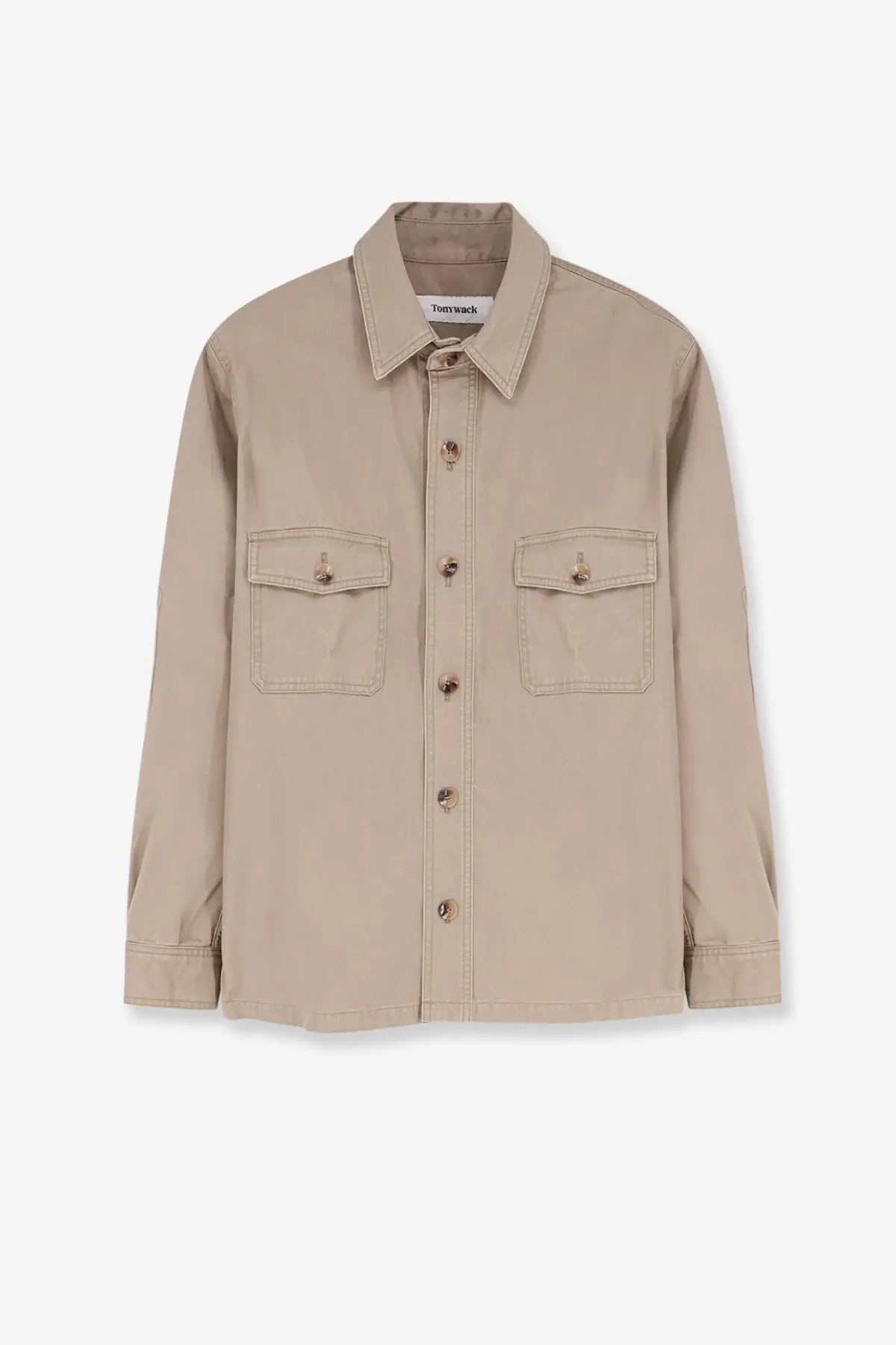Beige cotton button-up Tonywack shirt featuring two chest pockets and collar for men in oversized fit
