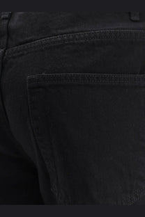 Back view of tonywack men’s straight fit black denim trousers with classic pocket design and subtle stitching details