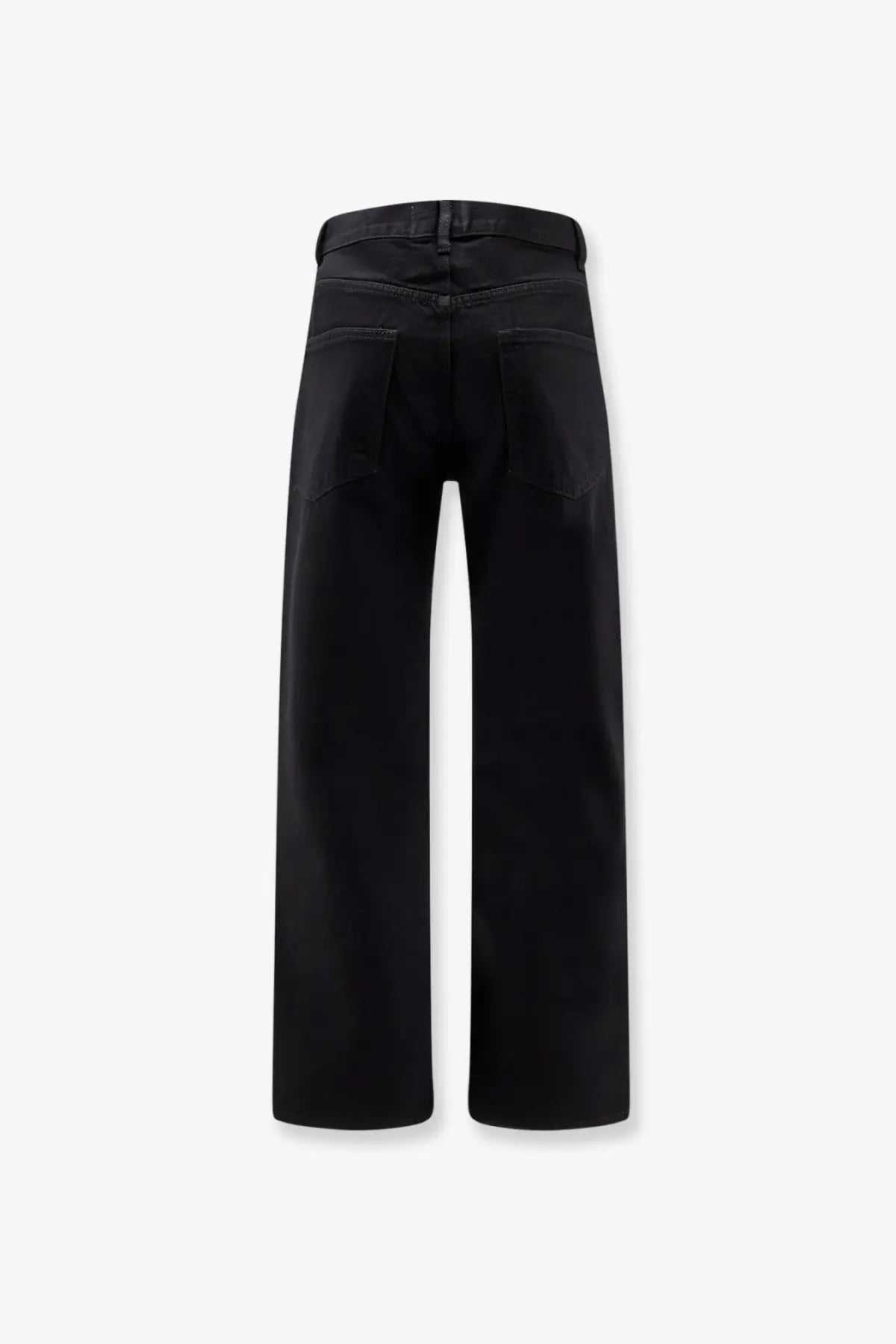 Tonywack men’s straight fit black denim trousers showing the back with wide-leg silhouette and classic pockets