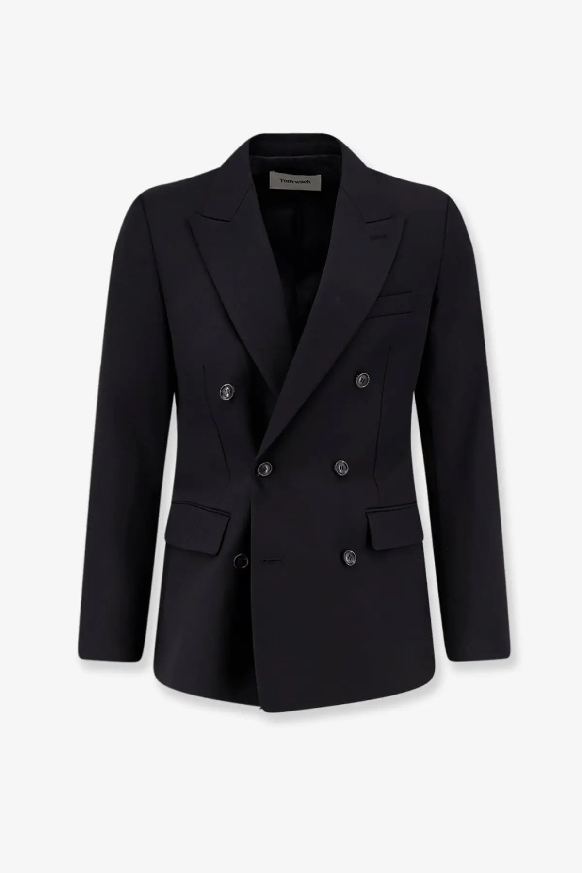 Tonywack men’s tailored black wool blend double-breasted blazer with silver-toned buttons and structured fit