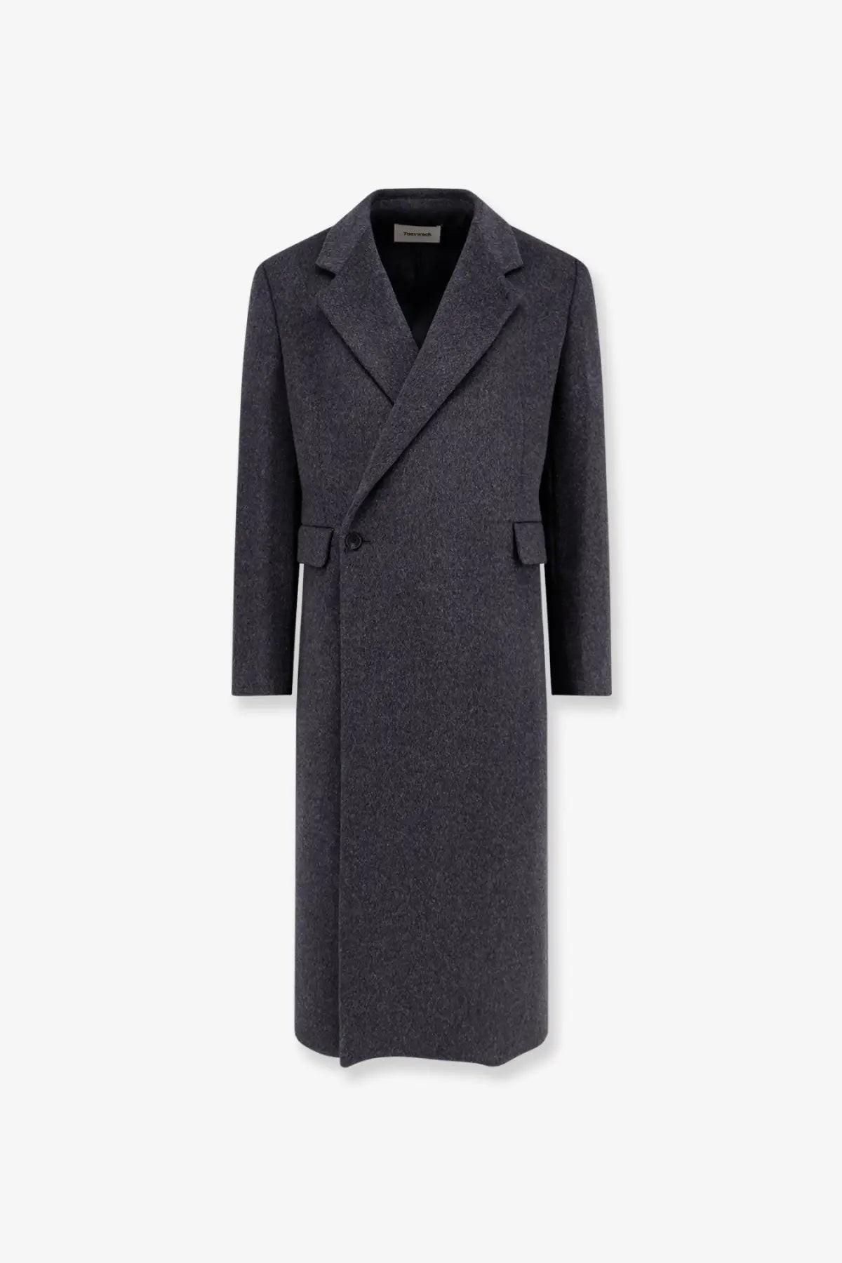Tonywack men’s tailored dark gray wool and cashmere overcoat with textured fabric and double-breasted design