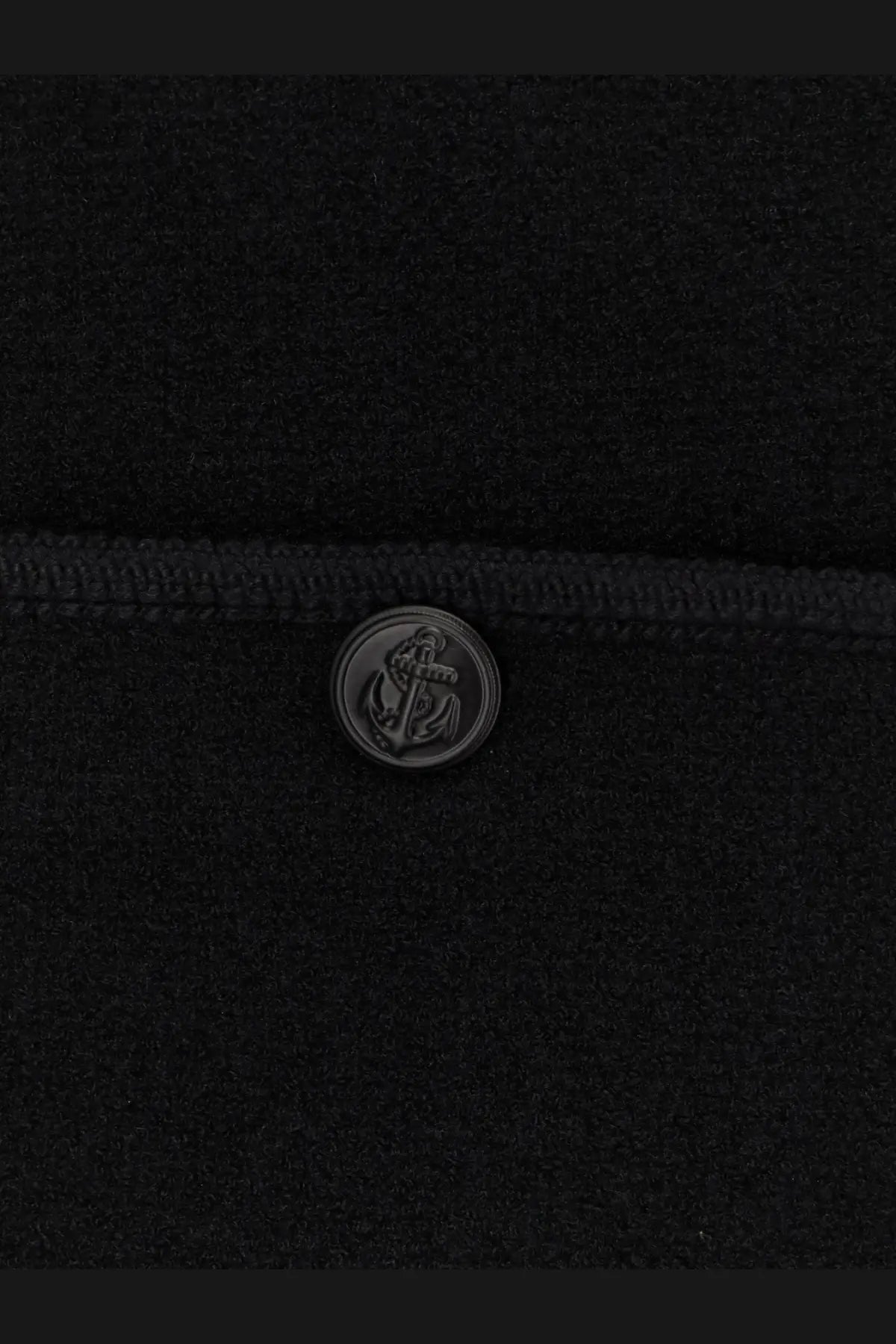 Black circular button with raised anchor design on tonywack men’s tweed blazer black fabric