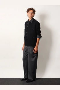 Tonywack men’s black double-breasted knit jacket with dark gray collar and cuffs and tweed blazer style