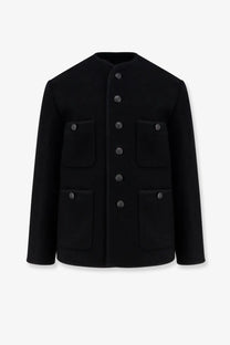 Tonywack men’s black woolen tweed blazer with silver-toned buttons and four flap pockets