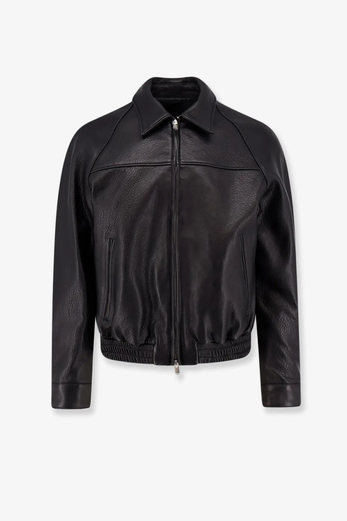 Tonywack men’s vintage black leather bomber jacket with classic collar and front zipper closure