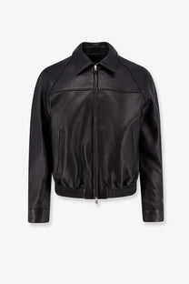 Tonywack men’s vintage black leather bomber jacket with classic collar and front zipper closure