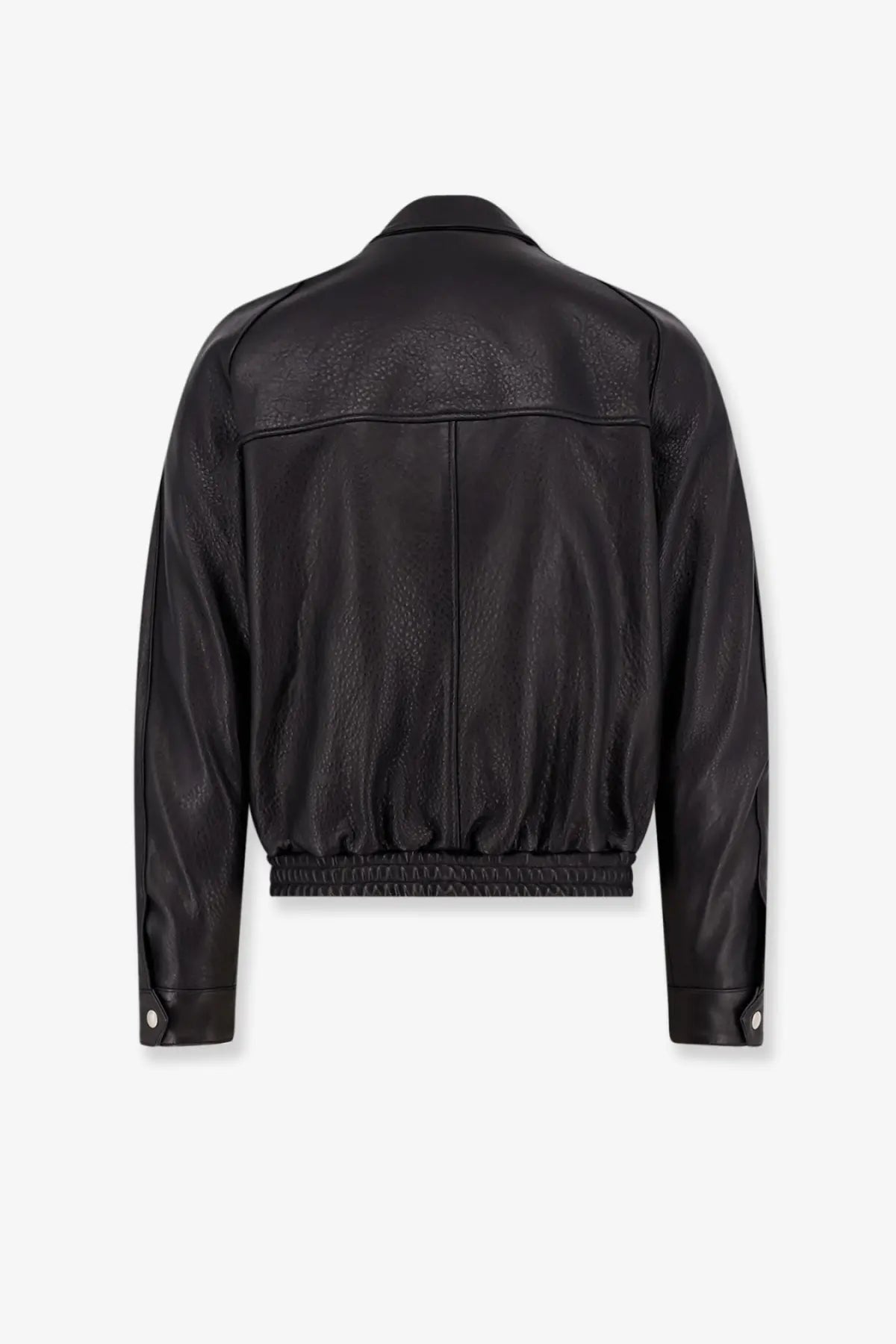 Tonywack men’s vintage black leather jacket with relaxed fit and elastic waistband visible from the back side