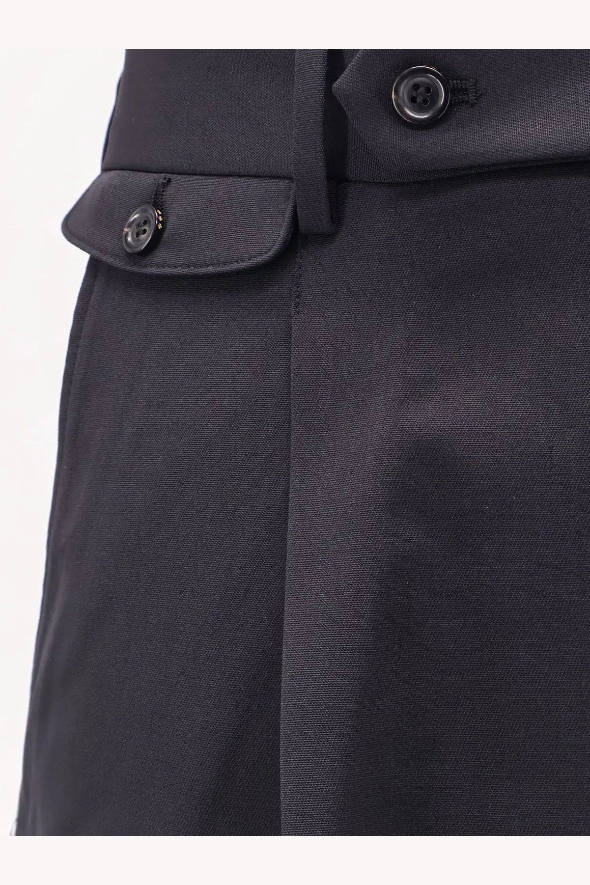 Tonywack men wool blend bermuda shorts in dark navy with black four-hole buttons and subtle pleated design