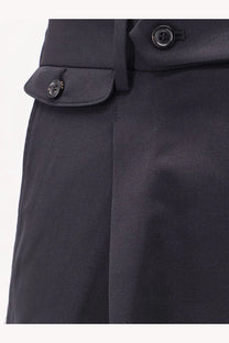 Tonywack men wool blend bermuda shorts in dark navy with black four-hole buttons and subtle pleated design