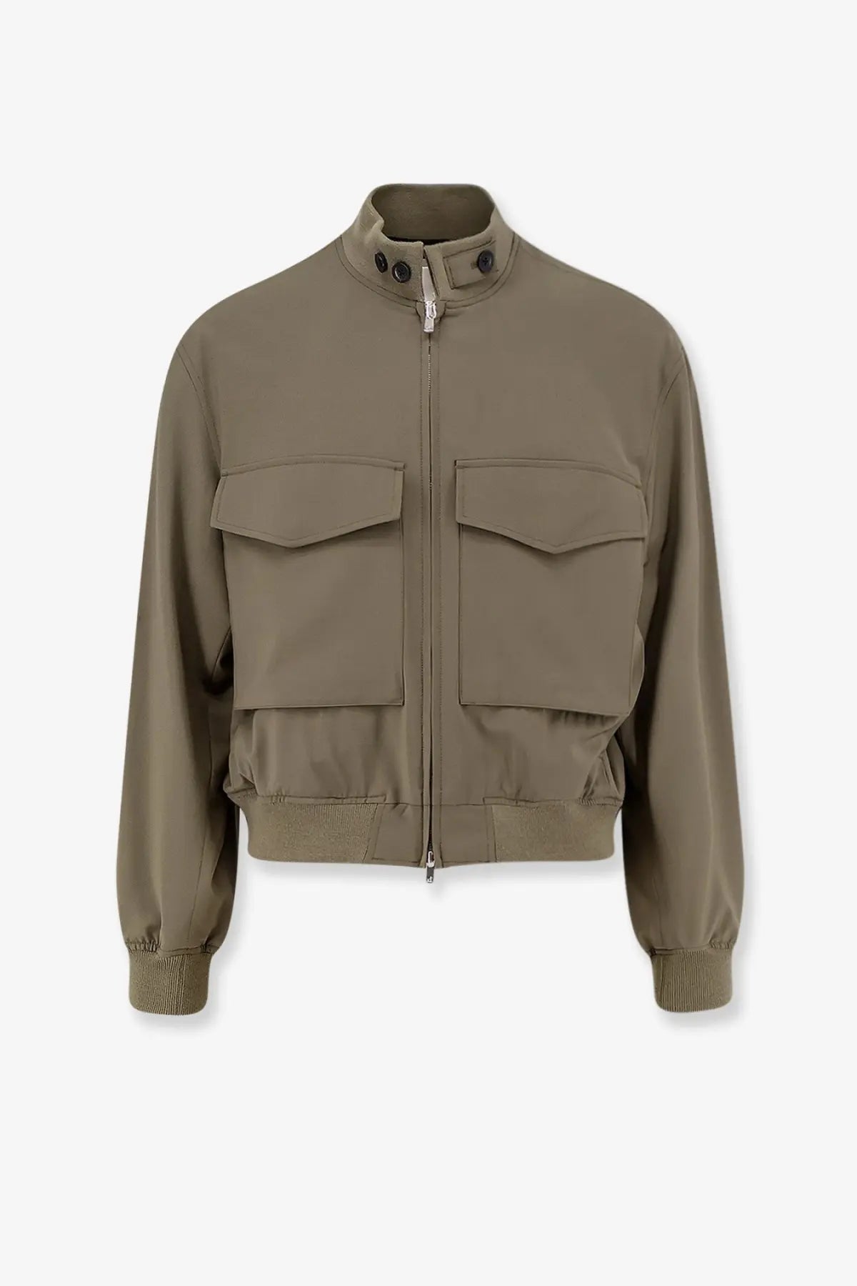 Tonywack men’s olive green wool blend utility jacket with two front flap pockets and a high collar