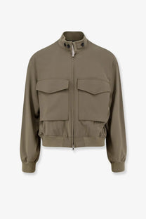 Tonywack men’s olive green wool blend utility jacket with two front flap pockets and a high collar