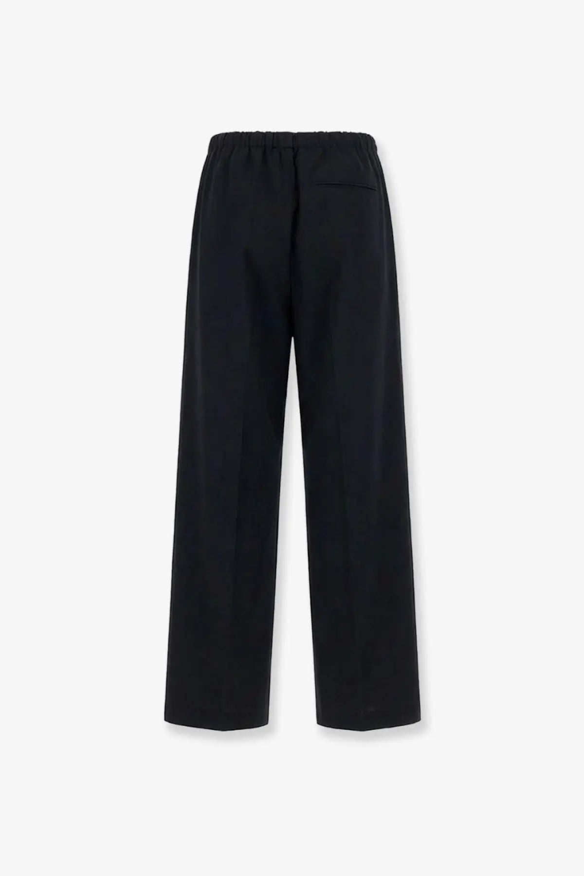 Black wide-leg wool blend trousers with elastic waistband and subtle back pocket showing the back side