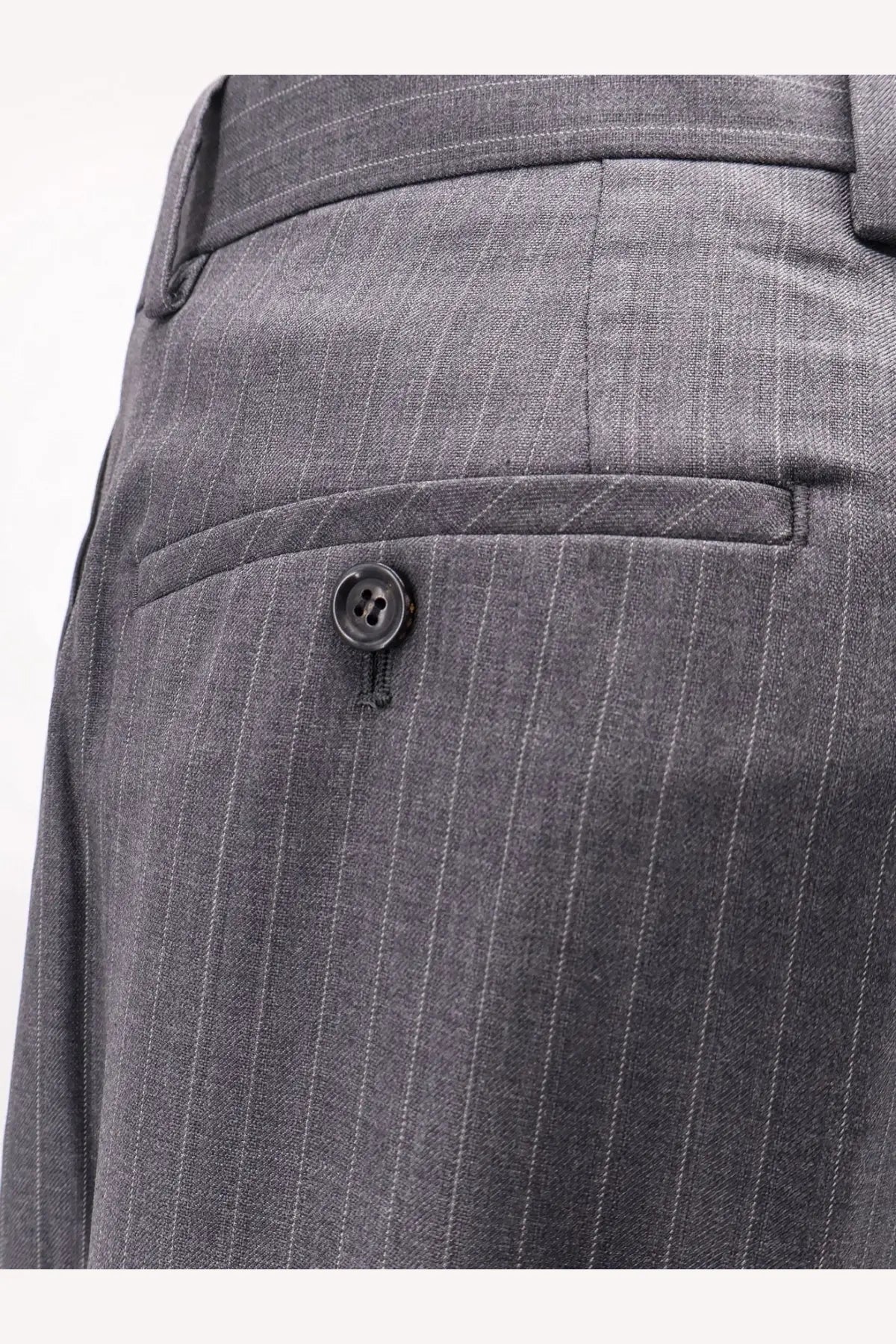 Tonywack men’s wool blend grey pinstripe trousers with subtle textured weave and dark button on front pocket