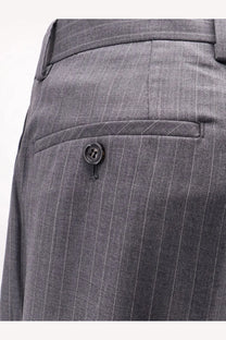 Tonywack men’s wool blend grey pinstripe trousers with subtle textured weave and dark button on front pocket