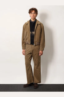 Brown corduroy jacket with vertical stripes and matching beige Tonywack unisex corduroy trousers