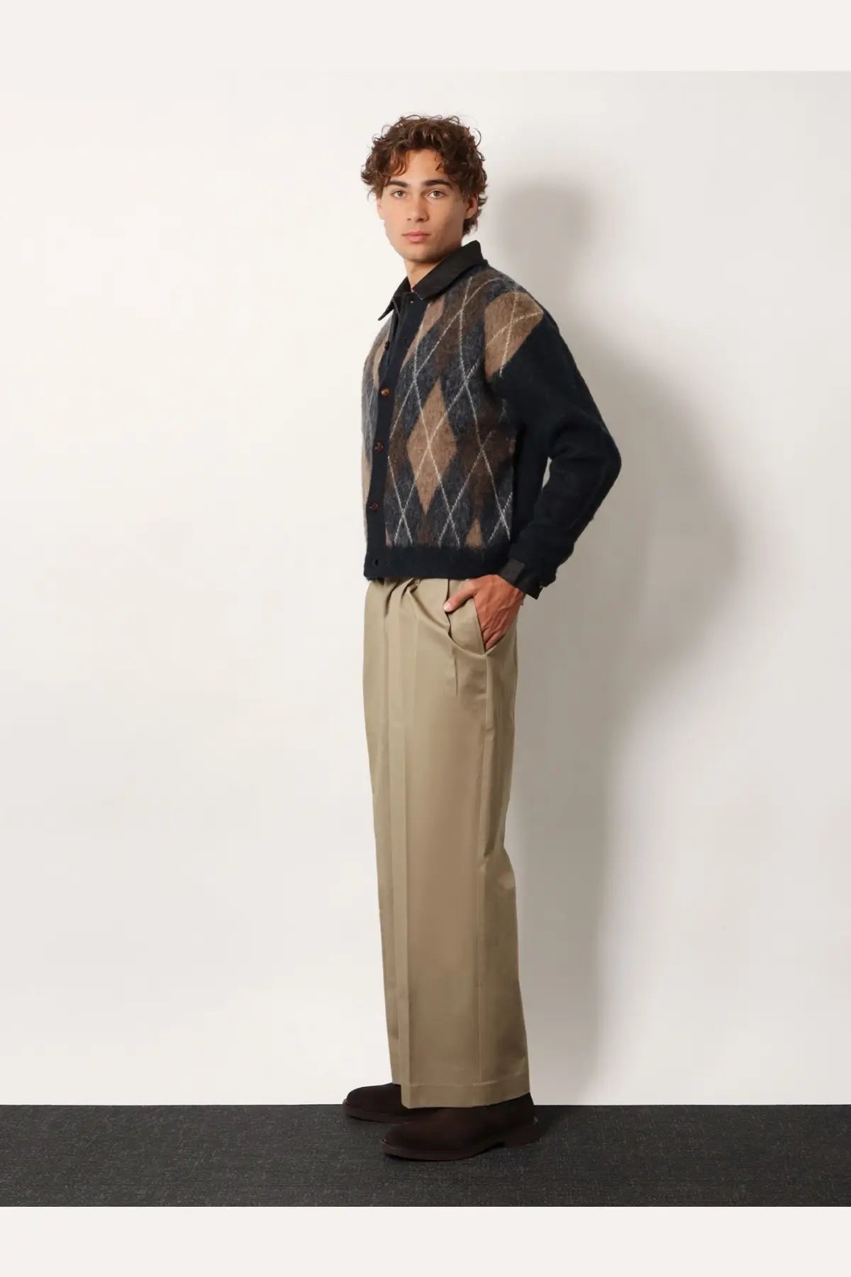 A navy blue and brown argyle patterned knit sweater with collar paired with beige tonywack unisex cotton trousers