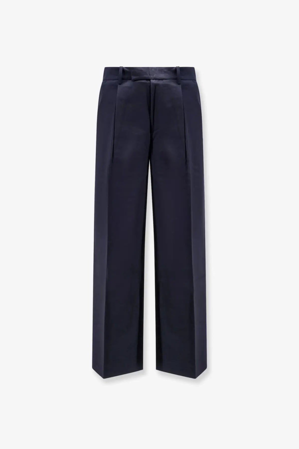 Tonywack unisex cotton trousers in navy blue satin with wide legs, high waist, and subtle pleats