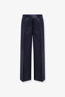 Tonywack unisex cotton trousers in navy blue satin with wide legs, high waist, and subtle pleats