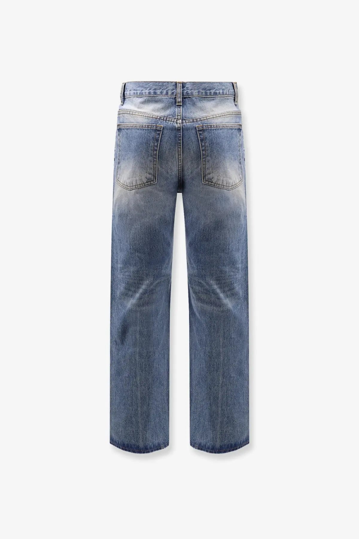 Tonywack unisex blue denim jeans with a faded distressed wash and a wide-leg flared cut