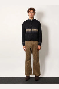 Black knit jacquard alpaca cardigan by tonywack with beige gray gradient and button closures across the chest