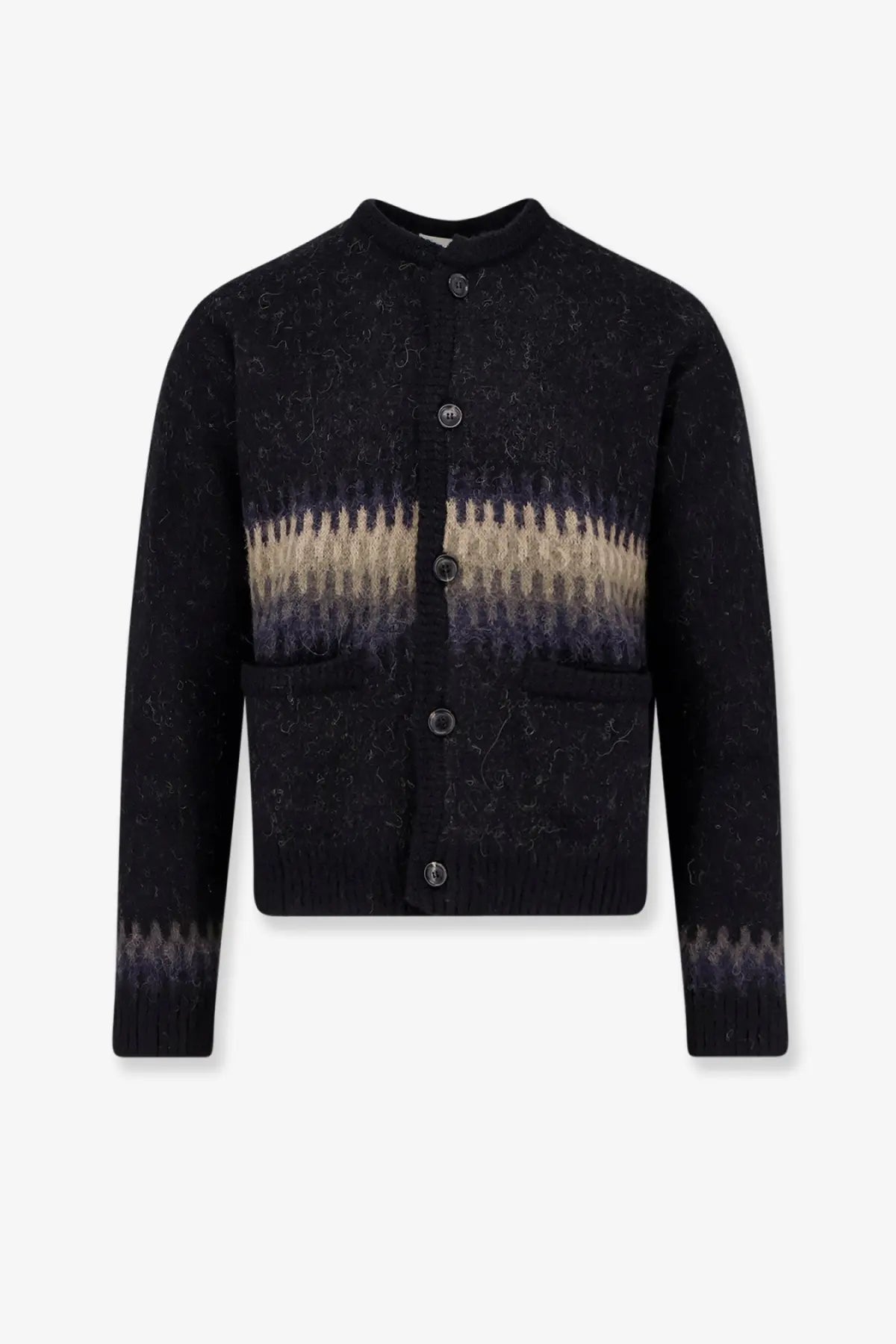 Tonywack unisex black alpaca knit cardigan with textured pattern and beige navy stripes across the chest