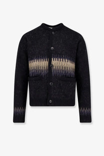Tonywack unisex black alpaca knit cardigan with textured pattern and beige navy stripes across the chest
