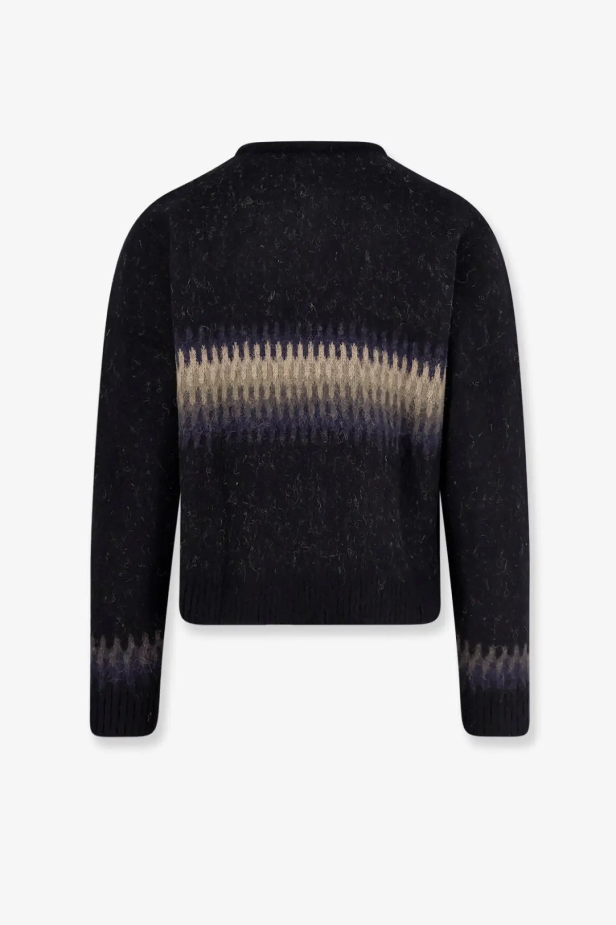 Back view of tonywack unisex jacquard alpaca cardigan black with beige and navy gradient stripe and ribbed cuffs