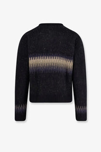 Back view of tonywack unisex jacquard alpaca cardigan black with beige and navy gradient stripe and ribbed cuffs
