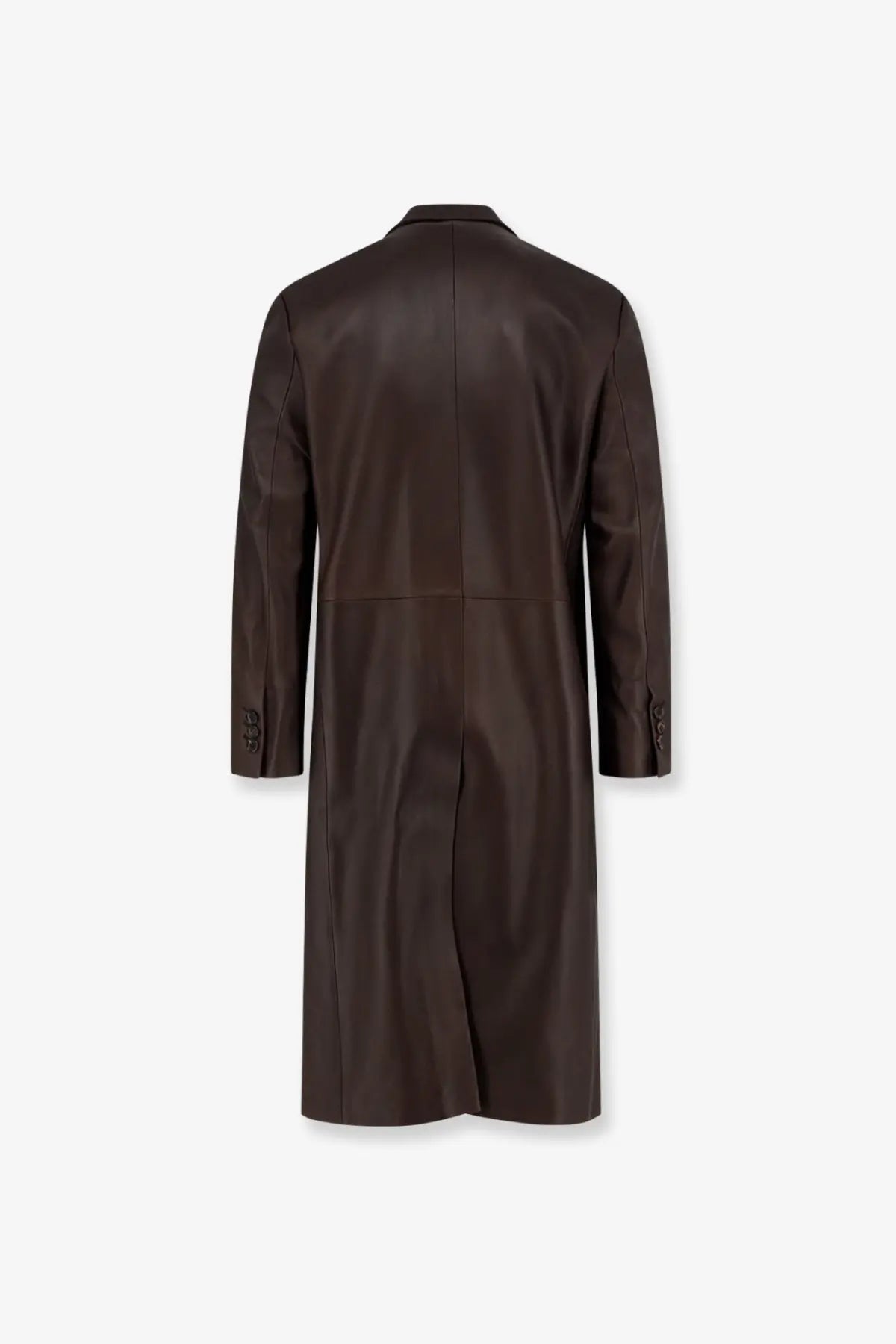 A sleek dark brown tonywack unisex leather coat with classic tailored fit and subtle stitching details