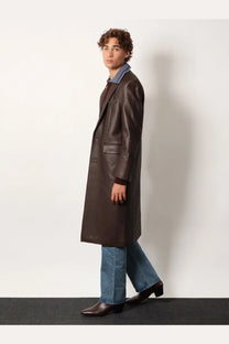 Tonywack unisex leather coat brown sleek dark brown leather overcoat with classic double-breasted design and lapels