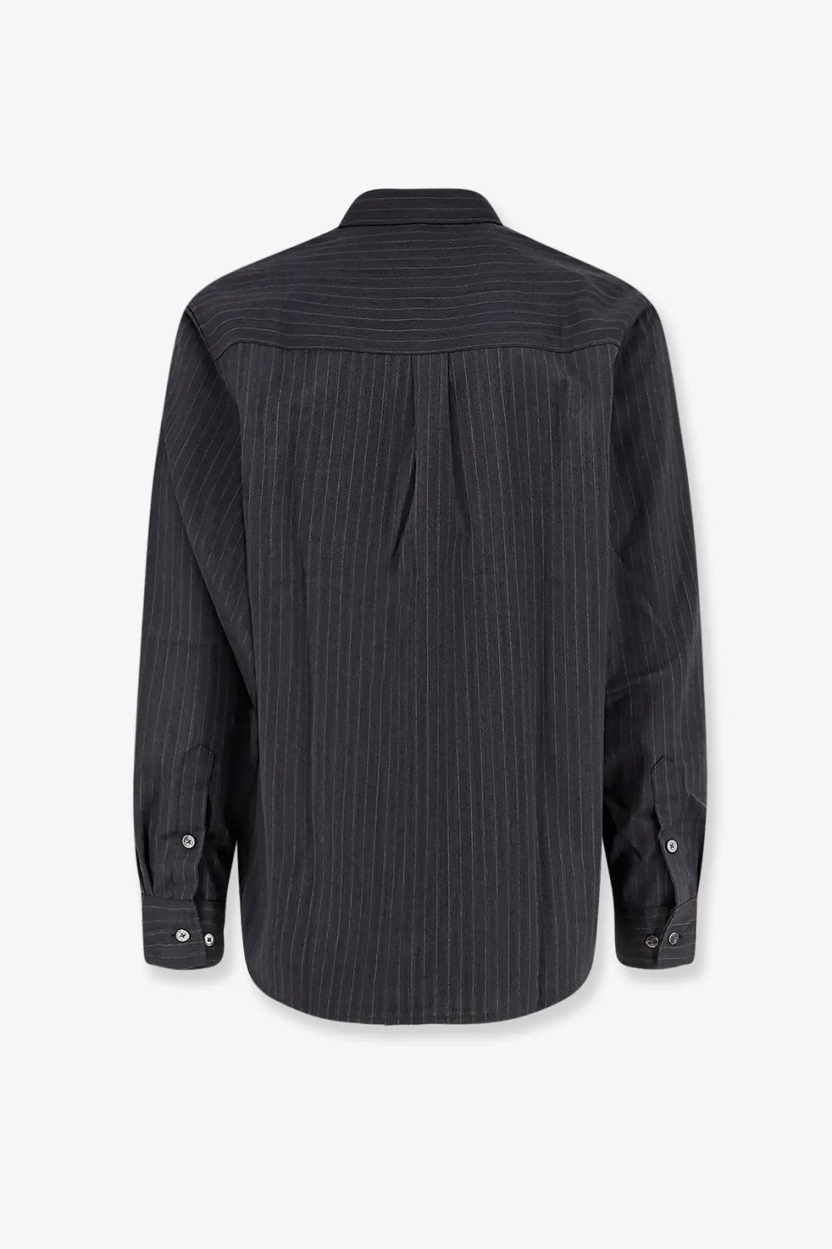Black pinstripe long-sleeve button-up shirt with subtle vertical stripes and classic collar from Tonywack wool blend