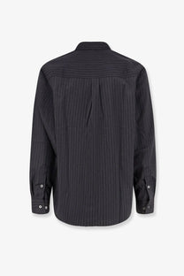 Black pinstripe long-sleeve button-up shirt with subtle vertical stripes and classic collar from Tonywack wool blend
