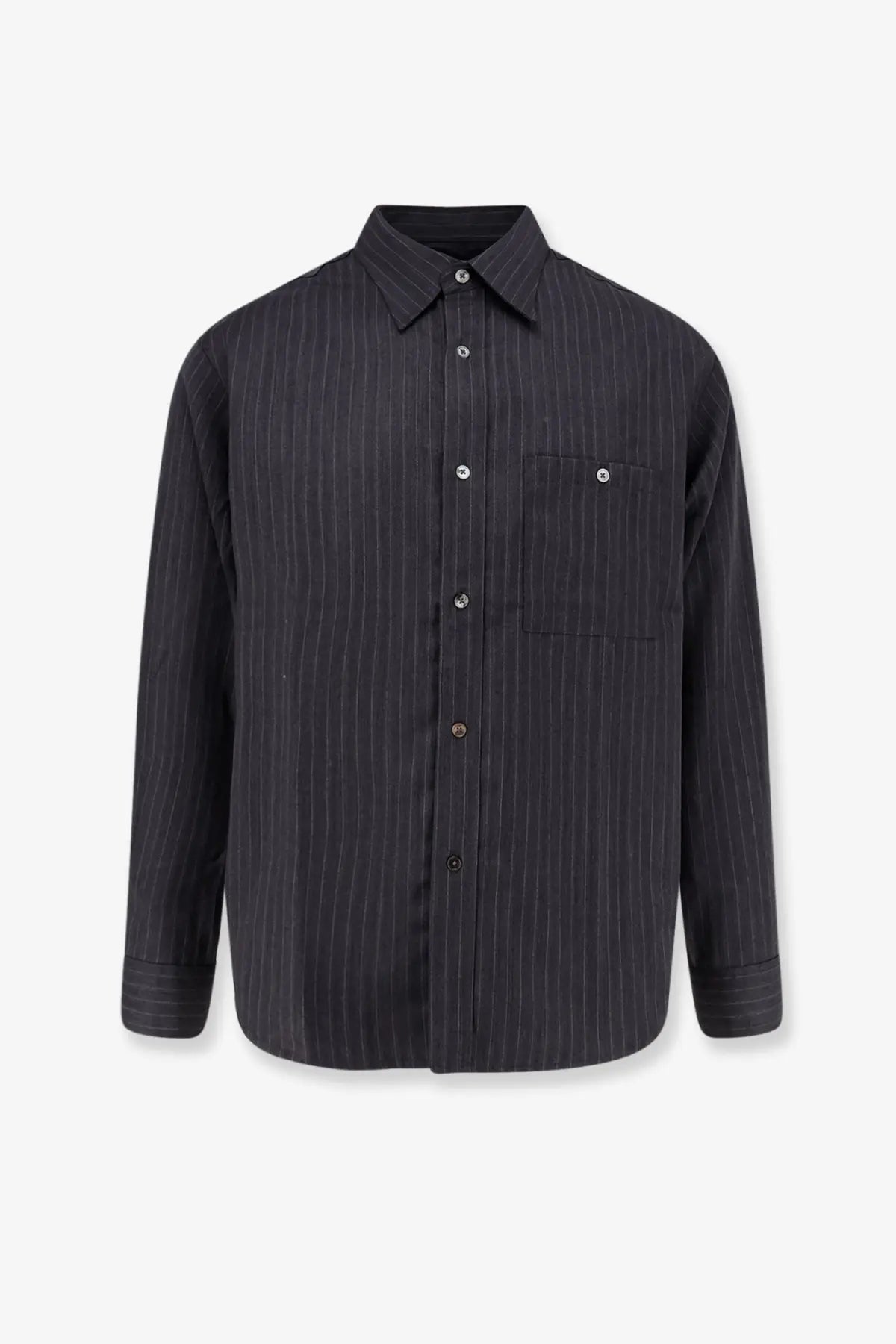 Dark charcoal pinstripe button-down wool blend shirt with classic collar and chest pocket by tonywack in grey