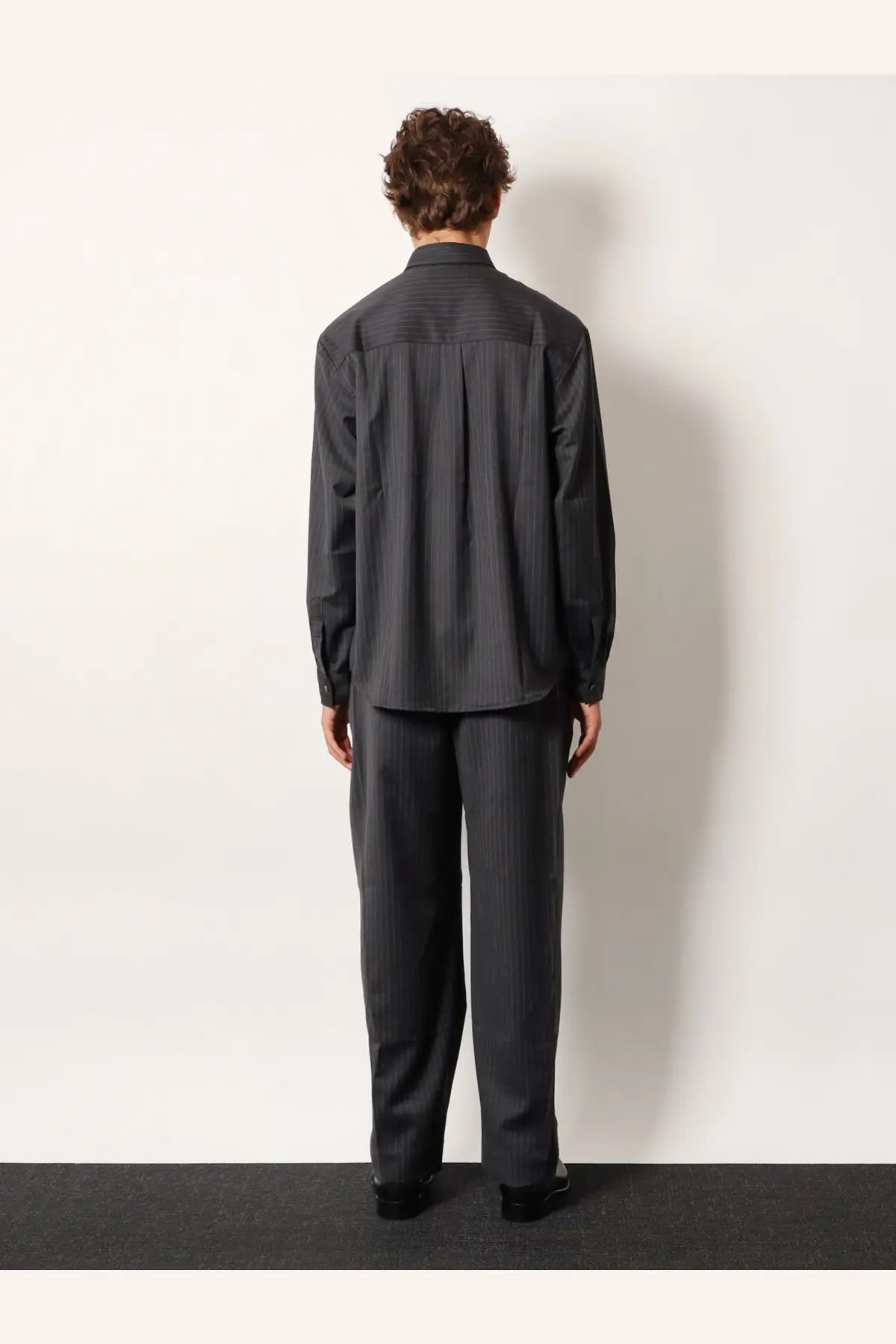 Tonywack unisex striped wool blend shirt in grey with subtle vertical pinstripe pattern and long sleeves