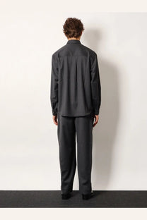 Tonywack unisex striped wool blend shirt in grey with subtle vertical pinstripe pattern and long sleeves