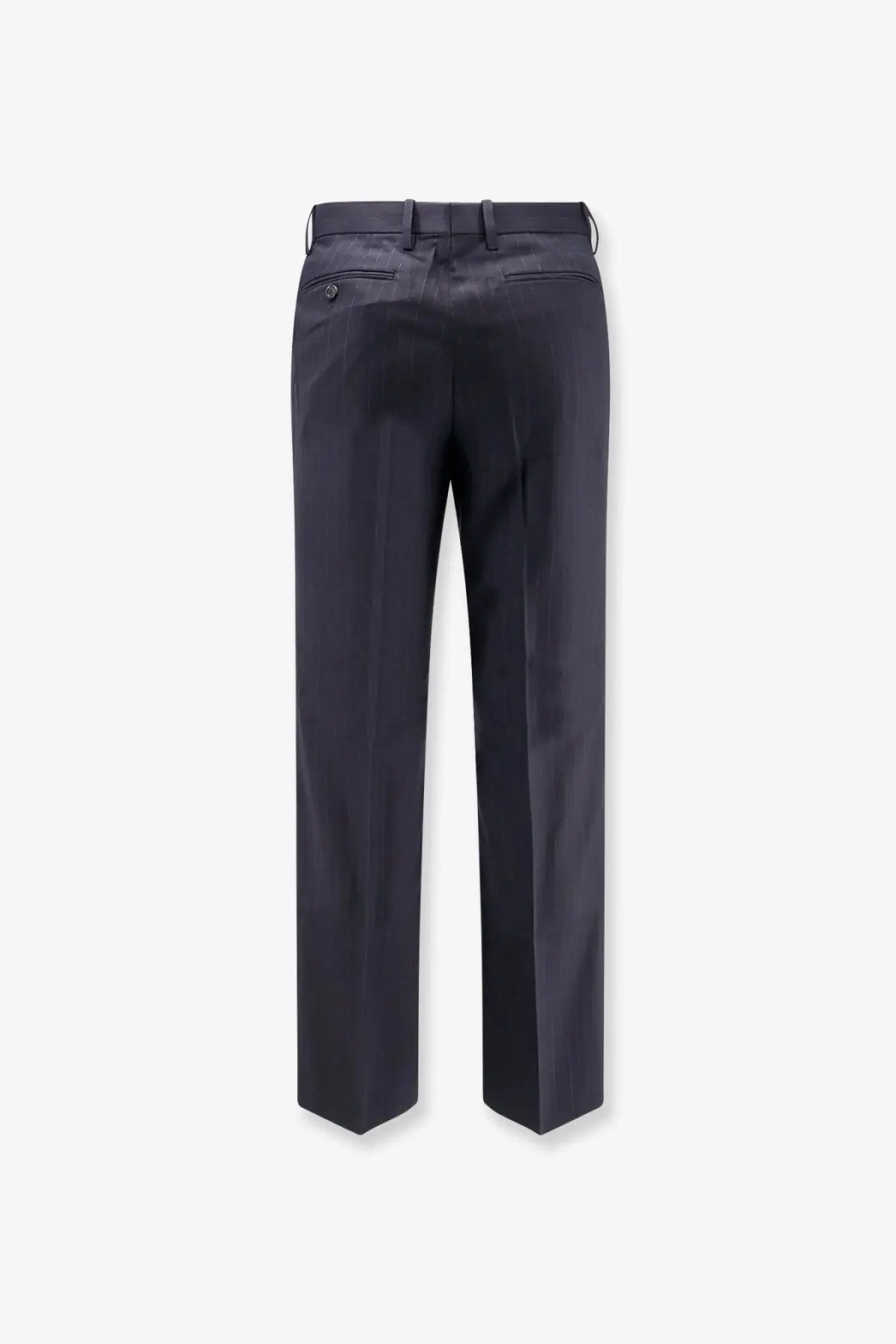 Dark navy tonywack unisex wool blend tailored trousers with straight-leg cut and back pleats shown from the back