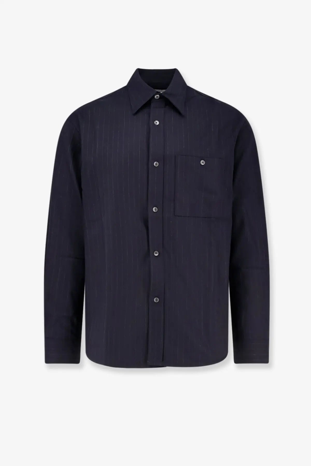 Tonywack unisex wool blend dark navy blue button-down shirt with subtle vertical pinstripes and chest pocket