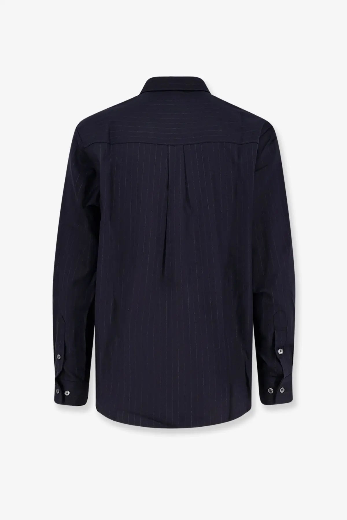 Tonywack unisex wool blend striped shirt in dark navy blue with subtle vertical pinstripes and a classic collar